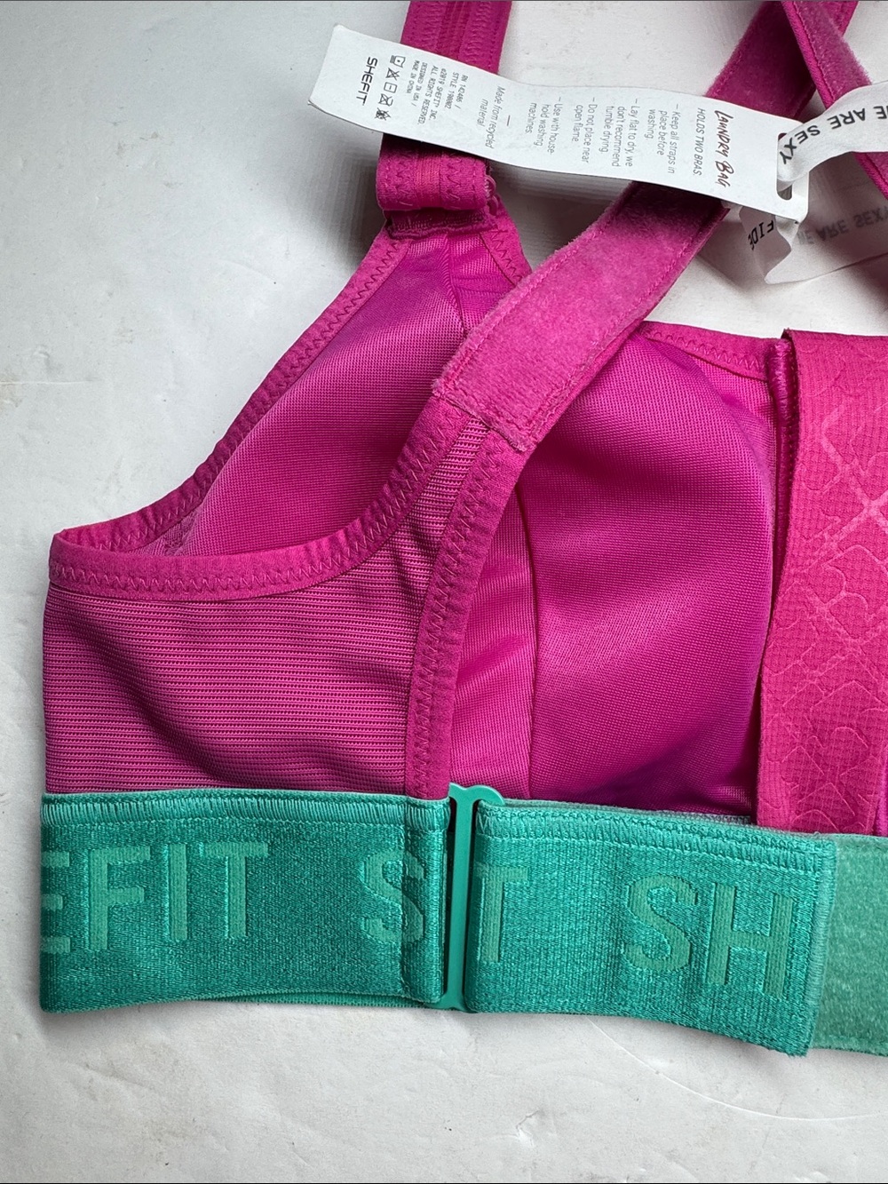 SHEFIT Bright Pink Sports Bra Teal Band S zip front new workout comfort support - Picture 3 of 9